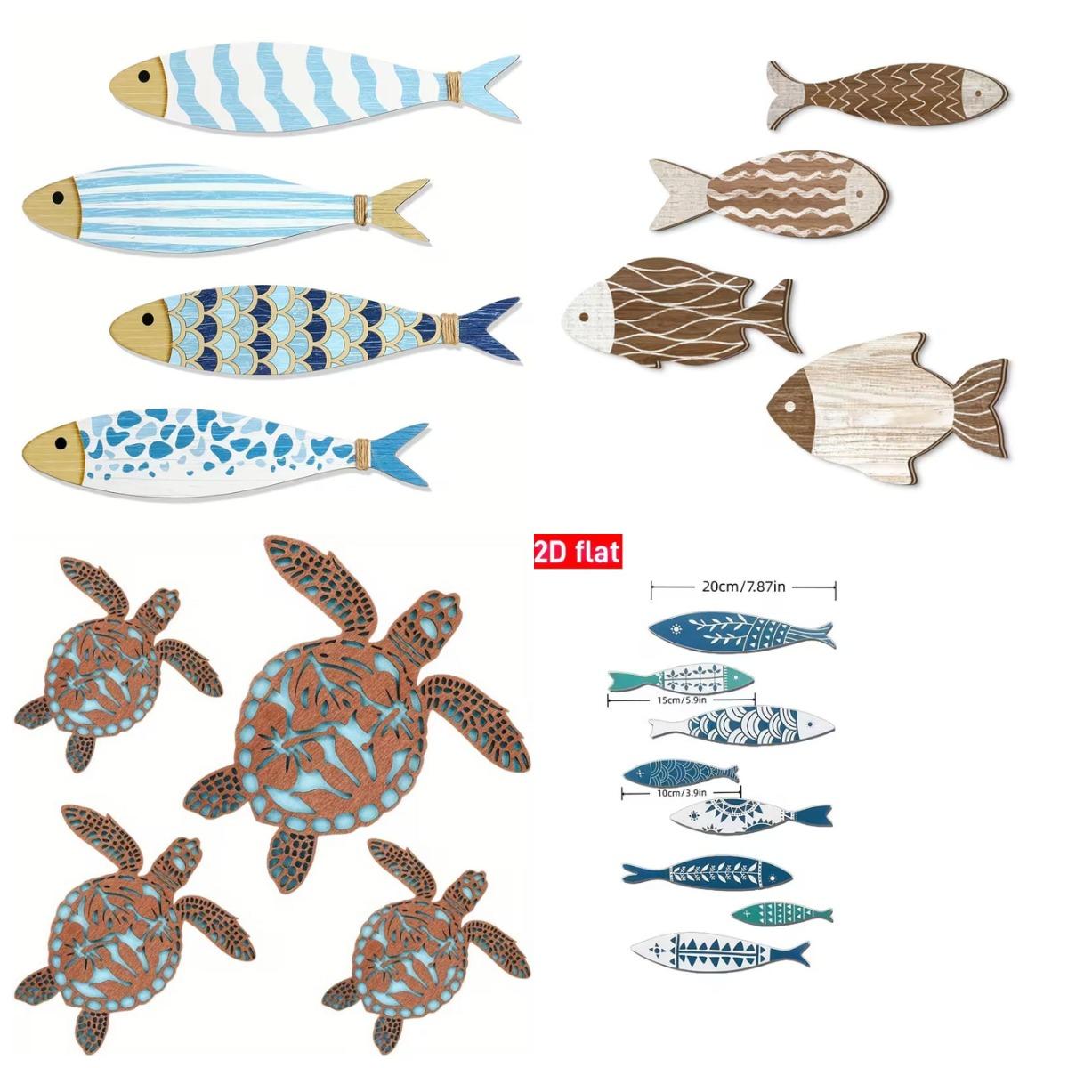 Woodworking Glue - 木製の魚の壁飾り4点セット、接着剤付きで穴あけ不要で設置可能