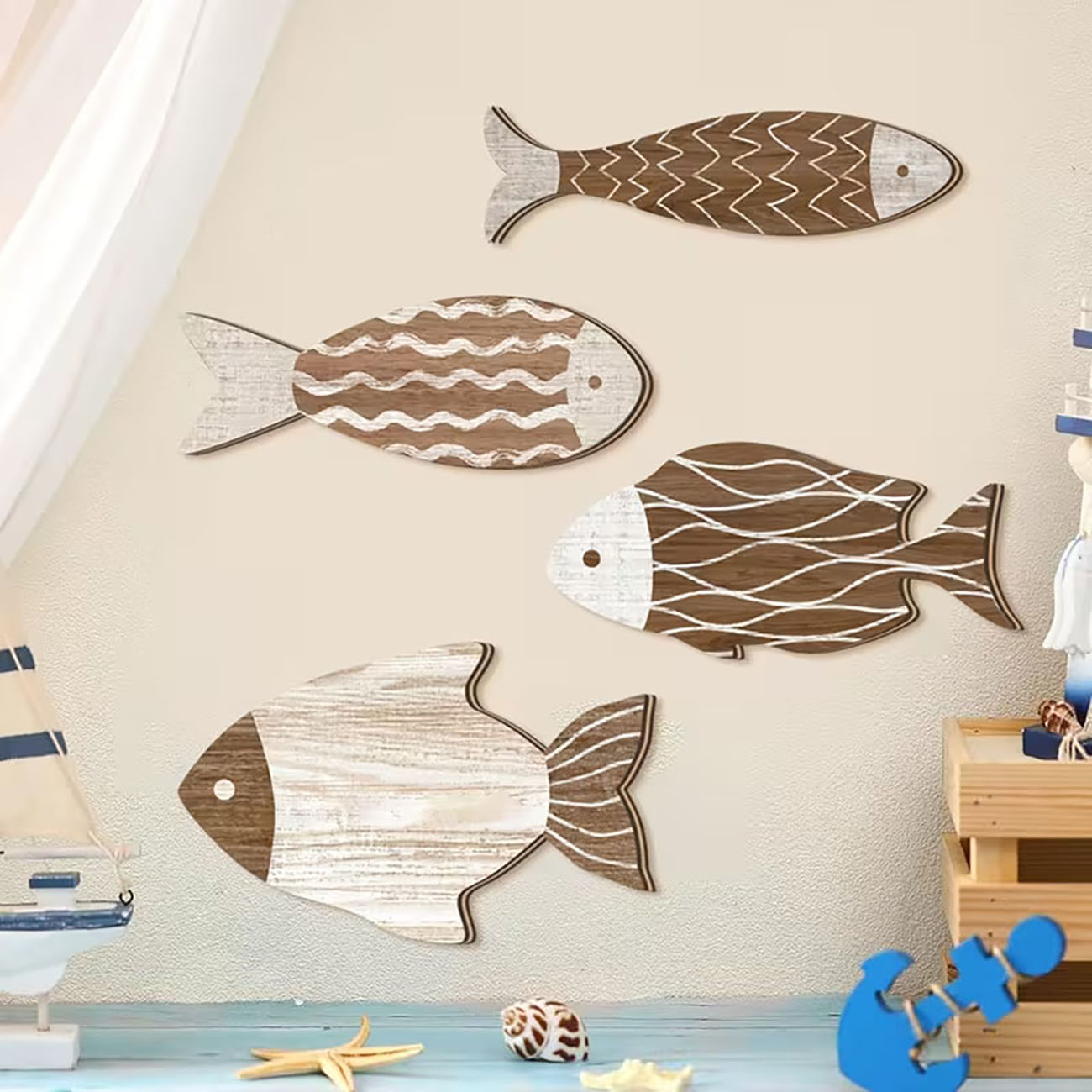 木製の魚の壁飾り4点セット、接着剤付きで穴あけ不要で設置可能 - Woodworking Glue のレビューと価格